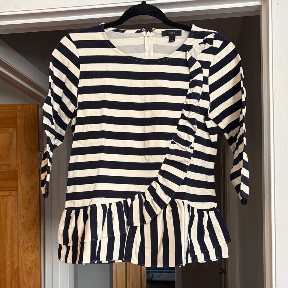 J. Crew Navy Striped Ruffle Blouse